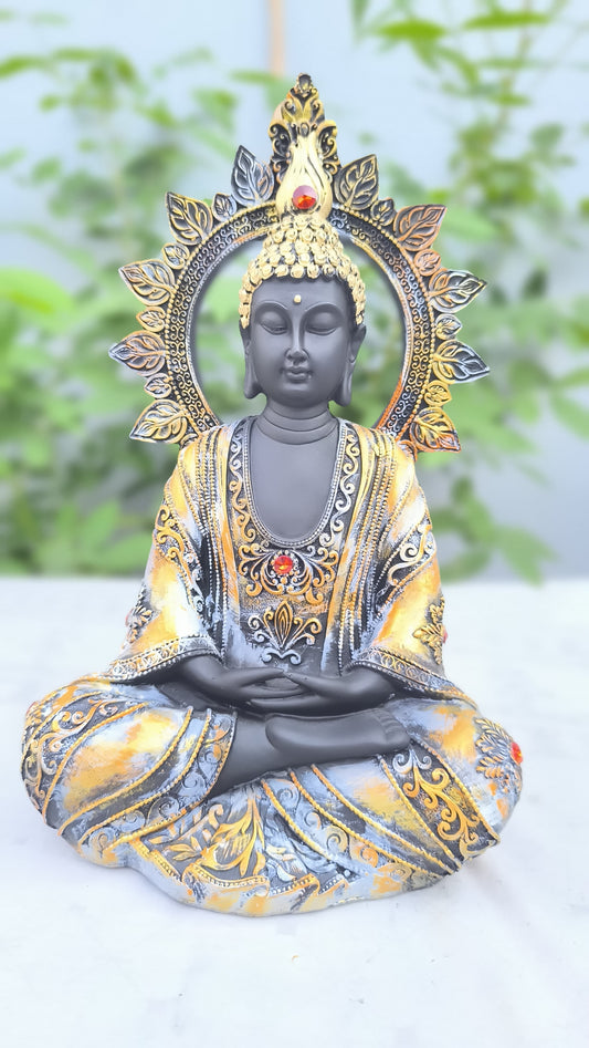 13 Inch Black Buddha Idol with Golden Halo | Decorative Resin Buddha Statue for Home, Meditation Room & Gift Purpose.