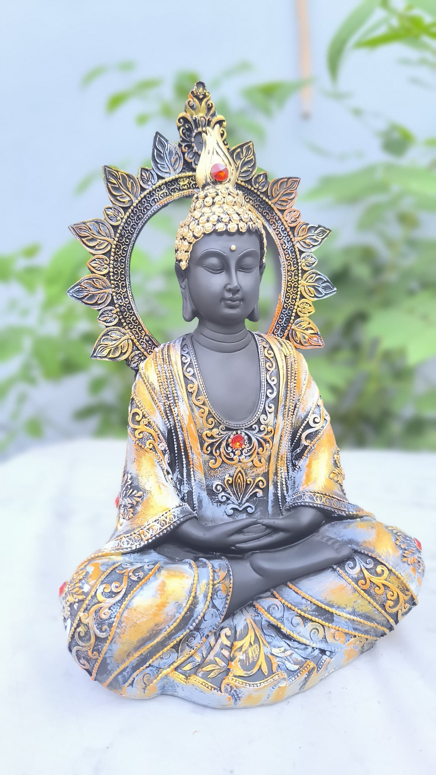 13 Inch Black Buddha Idol with Golden Halo | Decorative Resin Buddha Statue for Home, Meditation Room & Gift Purpose.