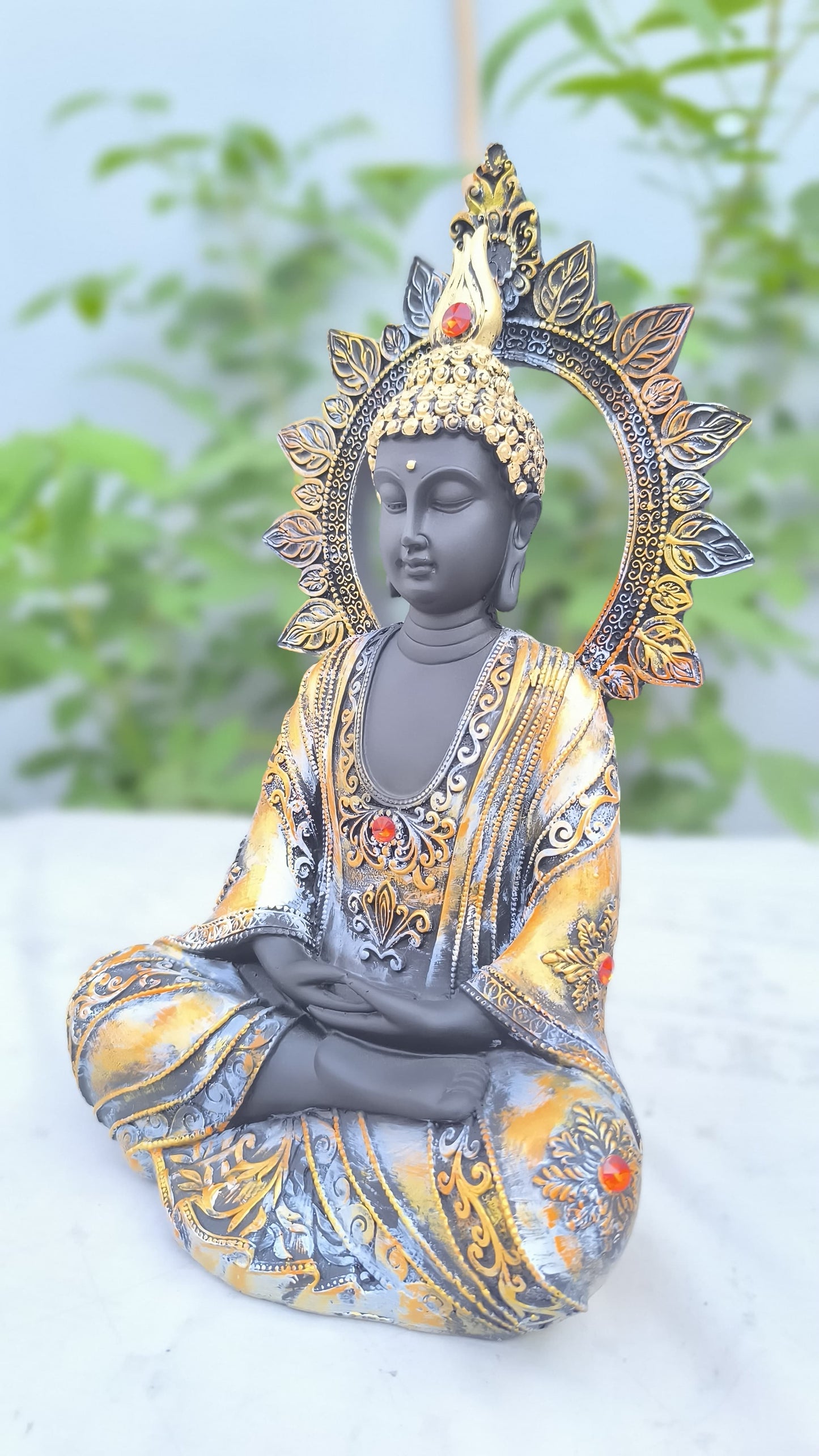 13 Inch Black Buddha Idol with Golden Halo | Decorative Resin Buddha Statue for Home, Meditation Room & Gift Purpose.