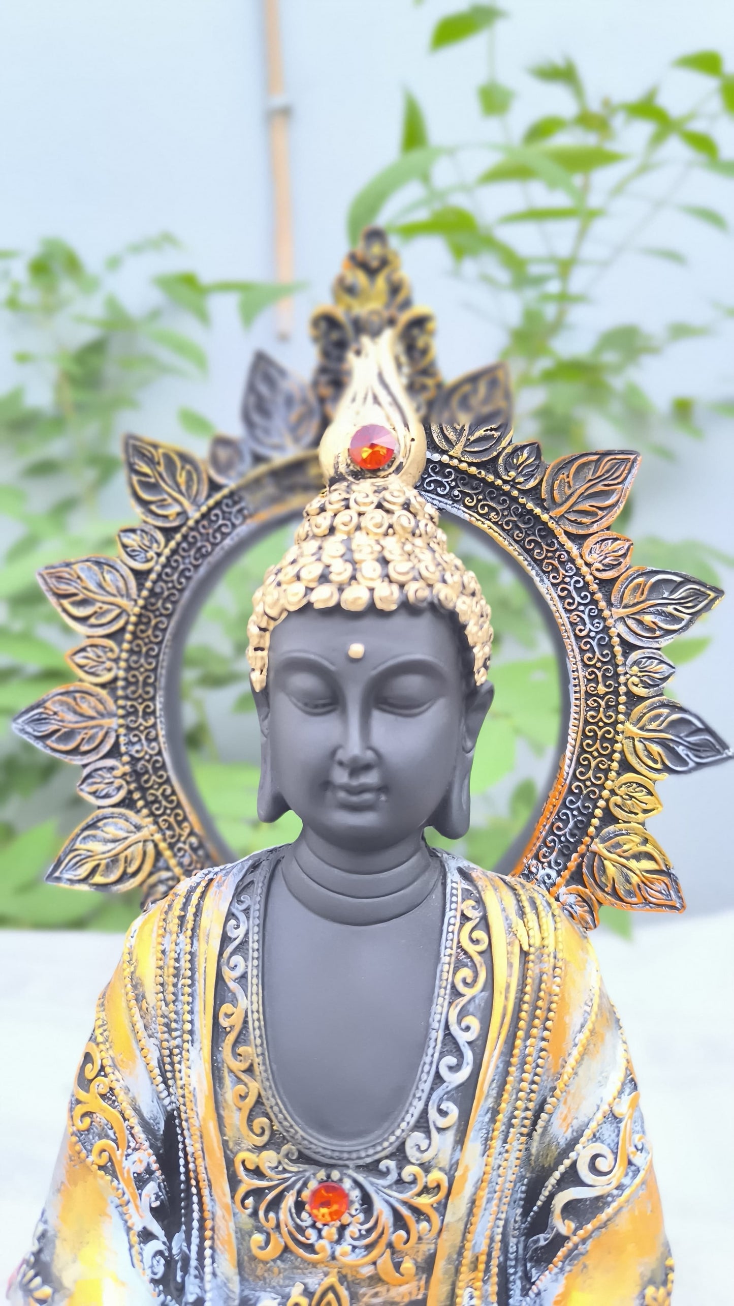 13 Inch Black Buddha Idol with Golden Halo | Decorative Resin Buddha Statue for Home, Meditation Room & Gift Purpose.