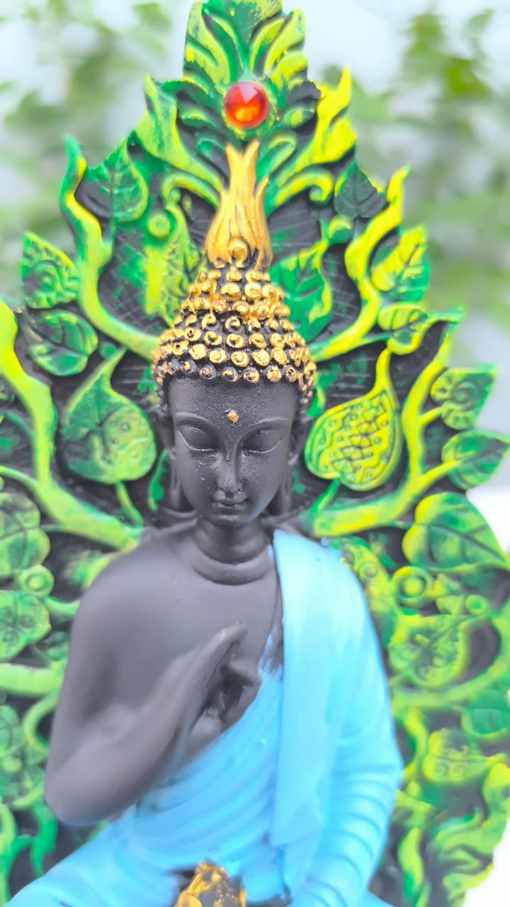 10 Inch Resin Buddha Idol with Tree Backdrop | Meditating Buddha Statue for Home Decor, Office & Gift | Spiritual Showpiece in Blue & Green Finish