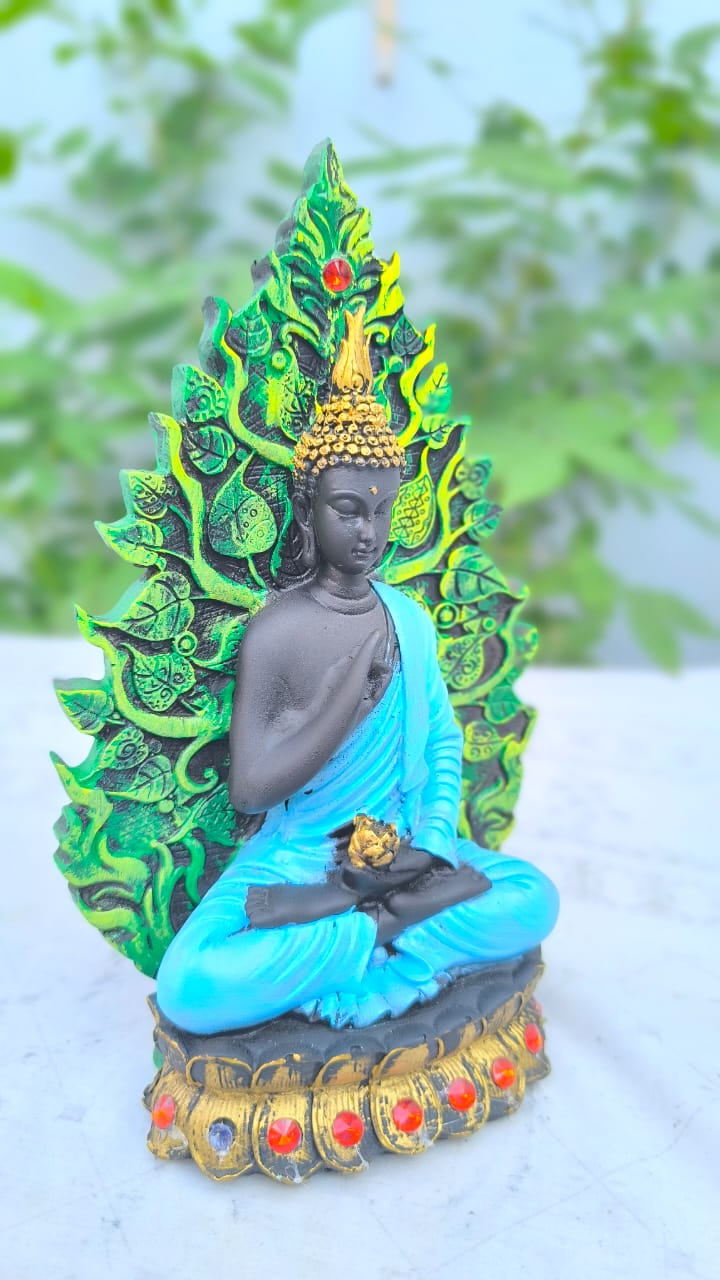 10 Inch Resin Buddha Idol with Tree Backdrop | Meditating Buddha Statue for Home Decor, Office & Gift | Spiritual Showpiece in Blue & Green Finish