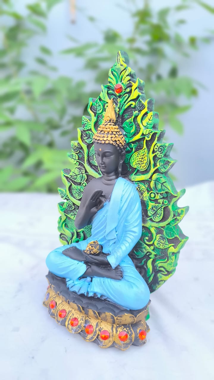 10 Inch Resin Buddha Idol with Tree Backdrop | Meditating Buddha Statue for Home Decor, Office & Gift | Spiritual Showpiece in Blue & Green Finish