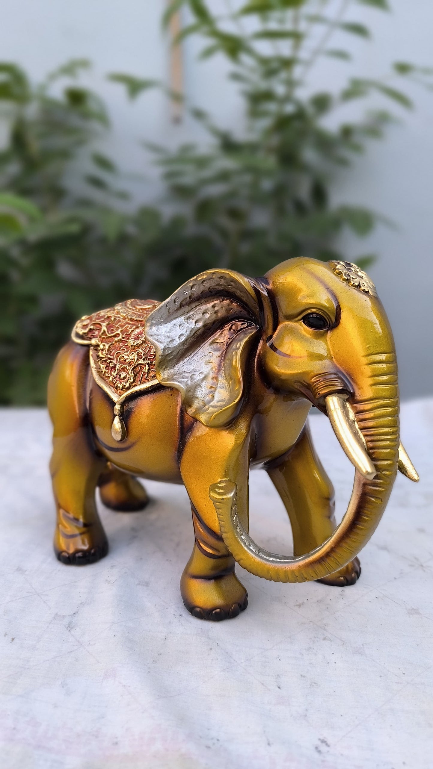 12 Inch Decorative Golden Elephant Showpiece | Resin Elephant Idol for Home Decor & Vastu