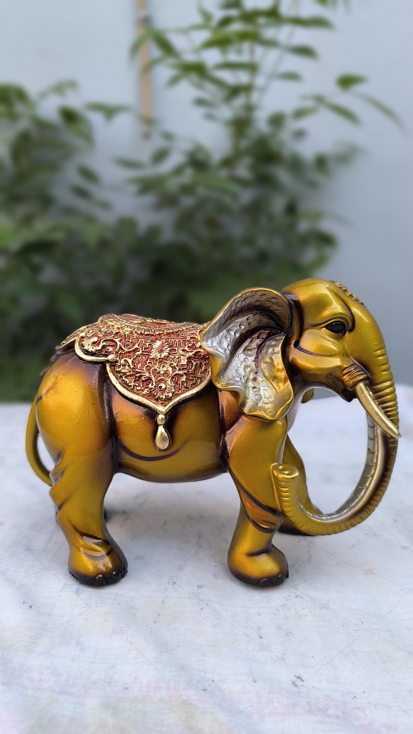 12 Inch Decorative Golden Elephant Showpiece | Resin Elephant Idol for Home Decor & Vastu