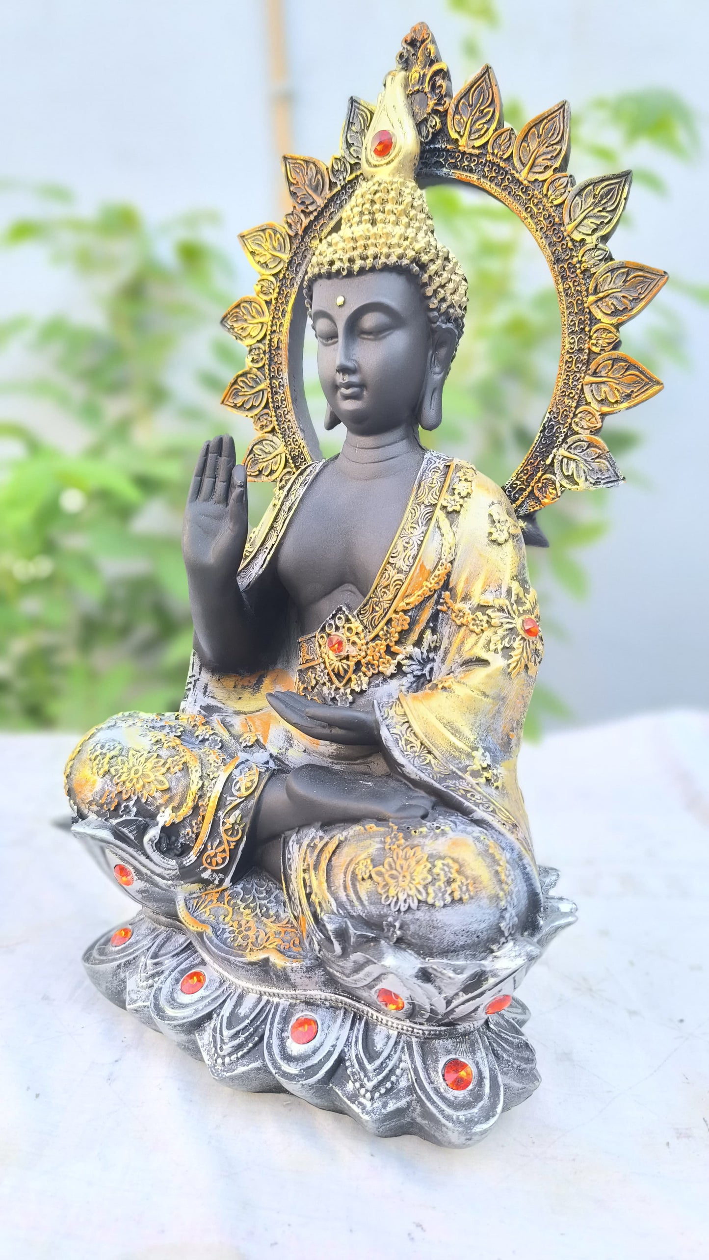 18 Inch Decorative Resin Buddha Statue | Black & Golden Meditating Buddha Murti for Home Decor & Gift