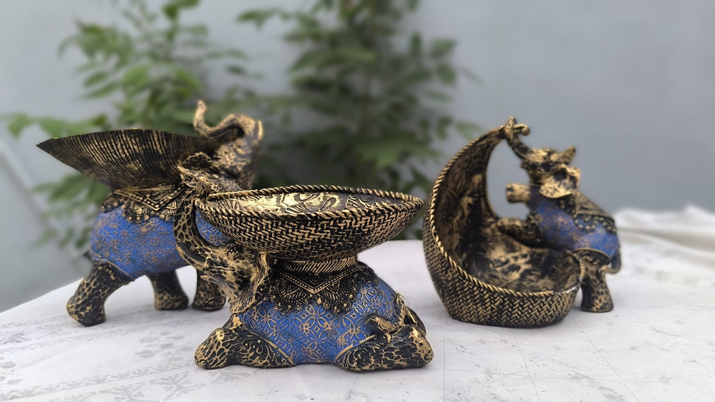 8 Inch Resin Elephant Bowl Showpiece Set of 3 | Home Decors, Table Centerpiece & Gift | Antique Finish Blue Elephant Figurine