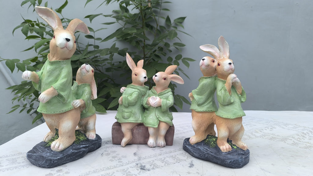 10 Inch Resin Rabbit Showpiece Set of 3 | Bunny Family Figurines for Home Decors, Kids Room & Gift |