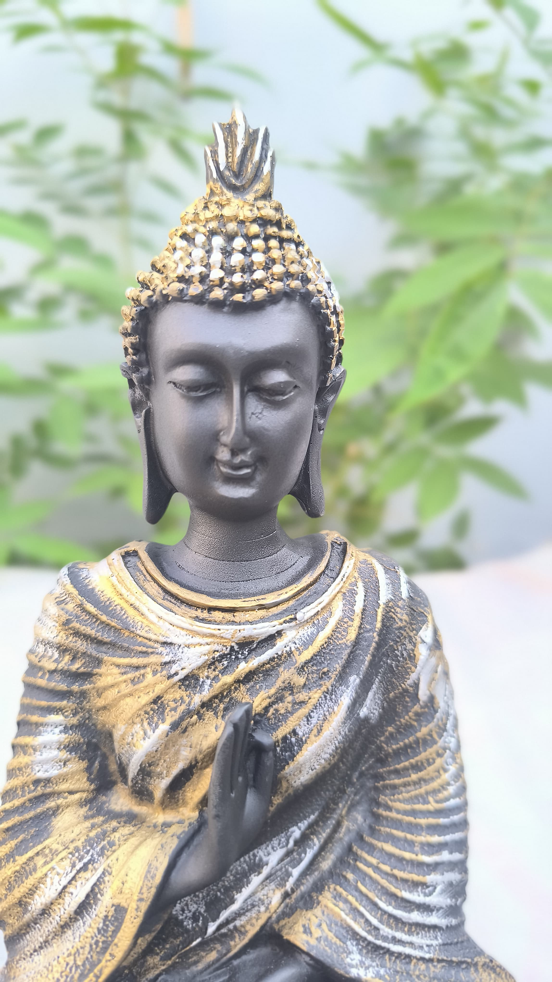 10 Inch Buddha Statue for Home Decors | Antique Finish Buddha Idol for Peace , Black & Yellow