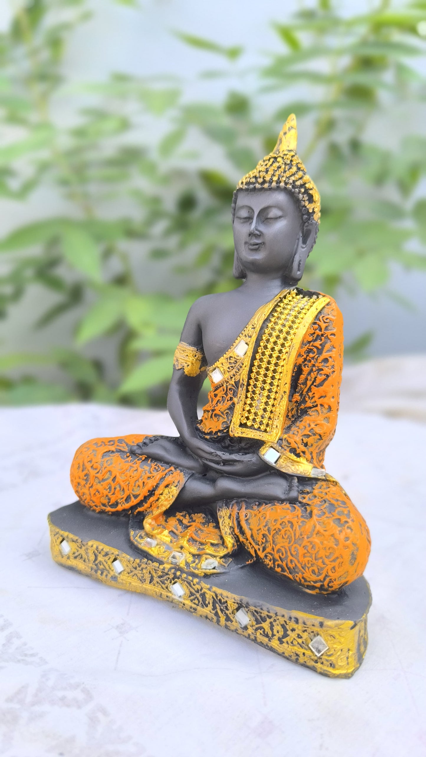Resin Meditating 9 Inch Buddha Idol with Orange Golden Robe | Spiritual Buddha Statue for Home Decor, Office & Gift | Peaceful Showpiece for Meditation Corner