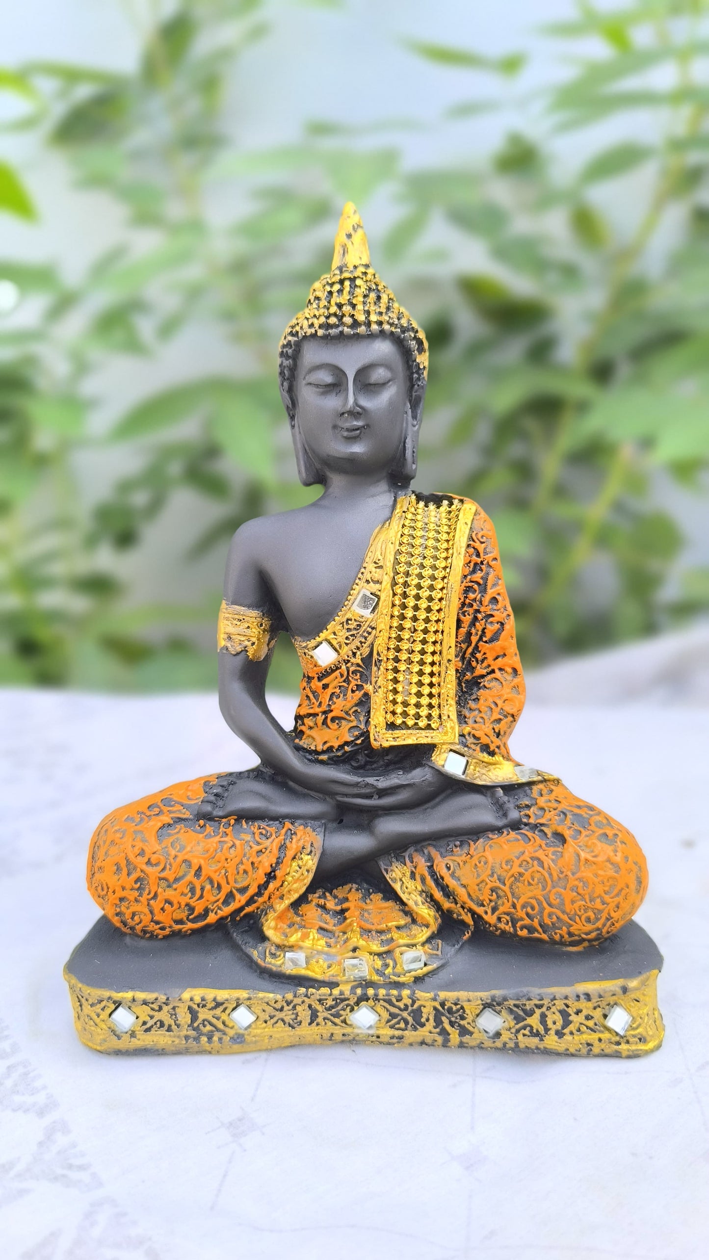 Resin Meditating 9 Inch Buddha Idol with Orange Golden Robe | Spiritual Buddha Statue for Home Decor, Office & Gift | Peaceful Showpiece for Meditation Corner