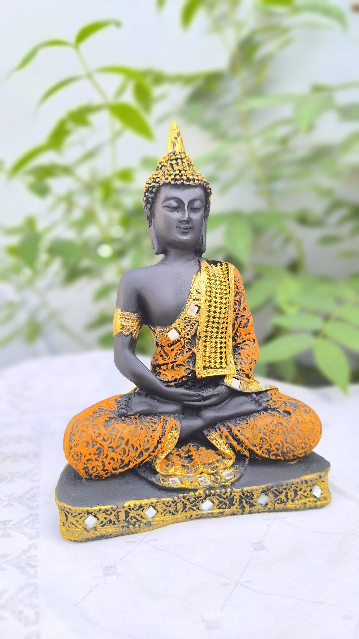 Resin Meditating 9 Inch Buddha Idol with Orange Golden Robe | Spiritual Buddha Statue for Home Decor, Office & Gift | Peaceful Showpiece for Meditation Corner