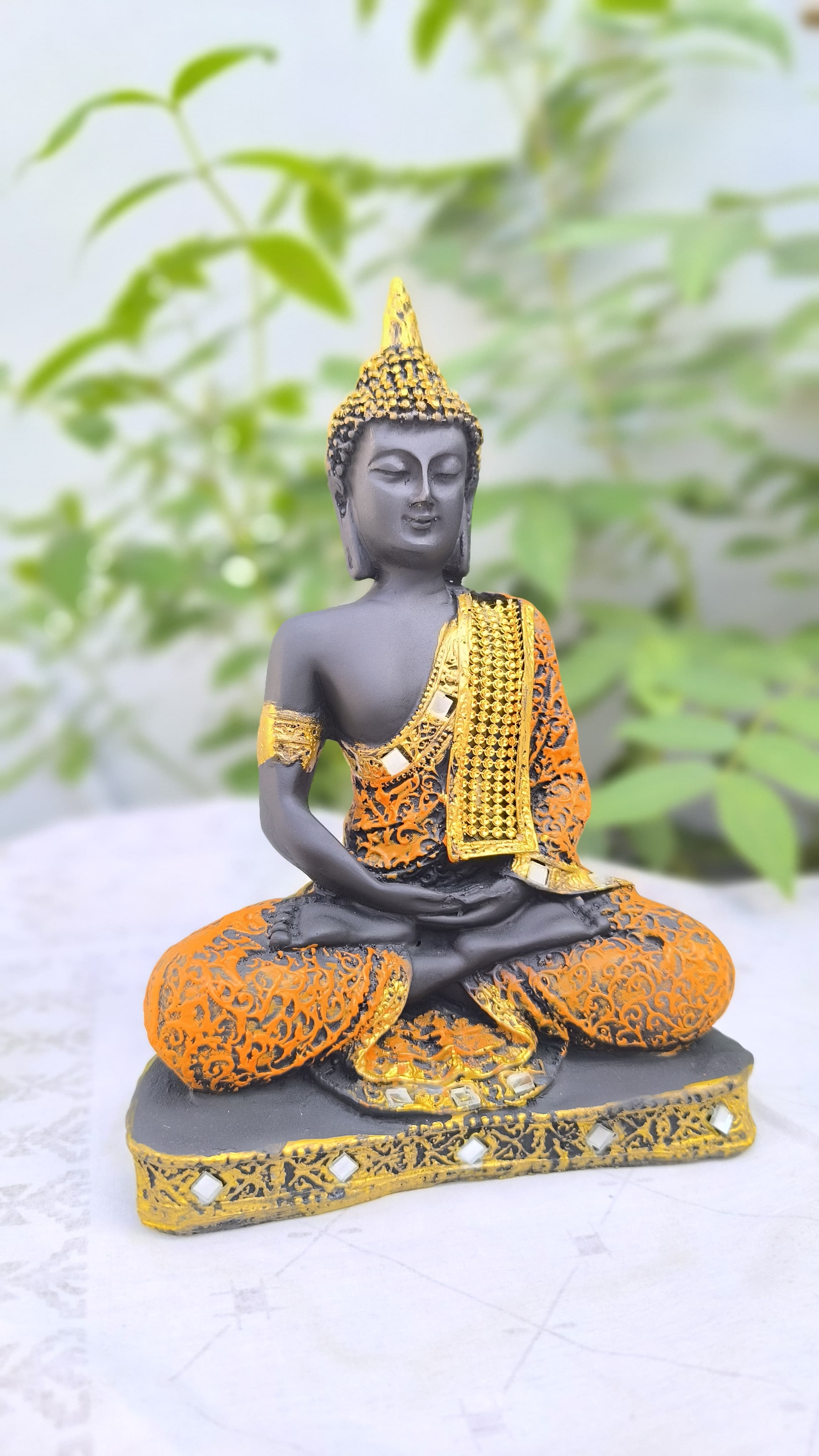 Resin 9 Inch Buddha Idol with Orange Golden Robe | Spiritual Buddha Statue for Home Decors, Office & Gift |