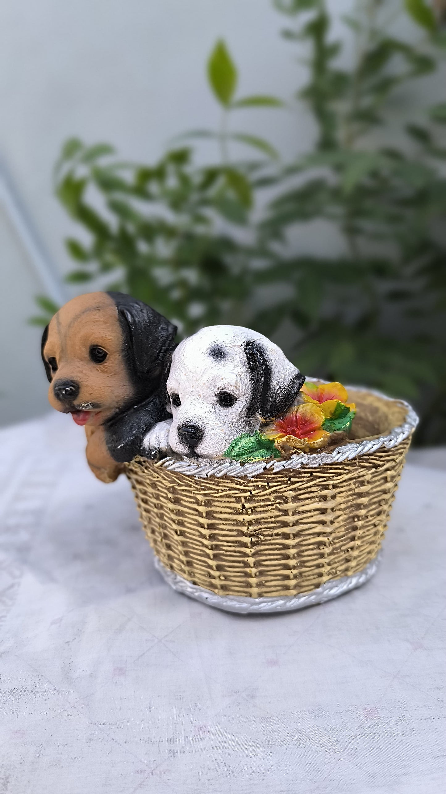 7 Inch Resin Cute 2 Puppy in Basket Showpiece | Decorative Dog Statue for Home Decor, Kids Room & Gift | Adorable Animal Figurine"