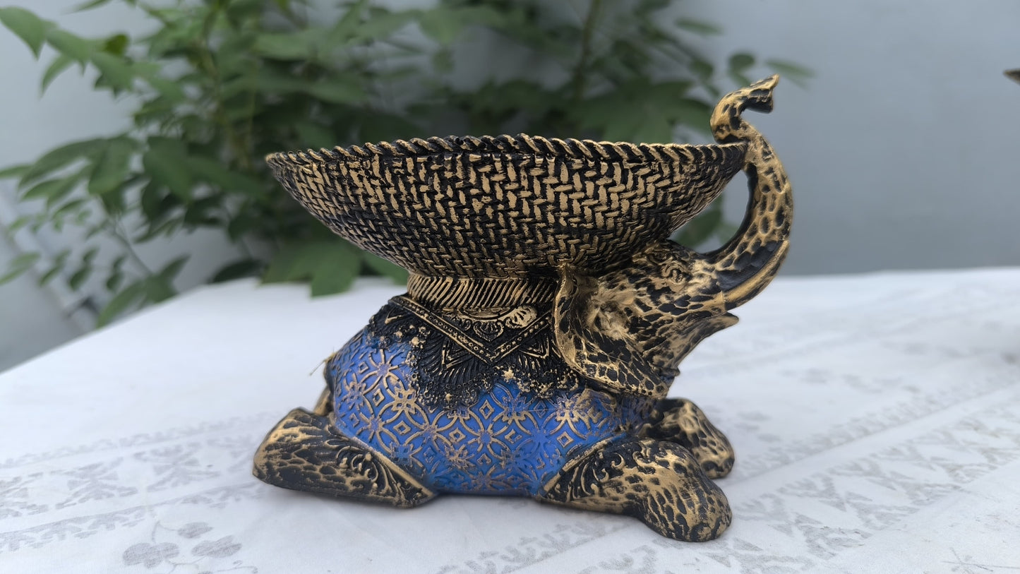 8 Inch Resin Elephant Bowl Showpiece Set of 3 | Decorative Elephant Platter for Home Dacore, Table Centerpiece & Gift | Antique Finish Blue Elephant Figurine