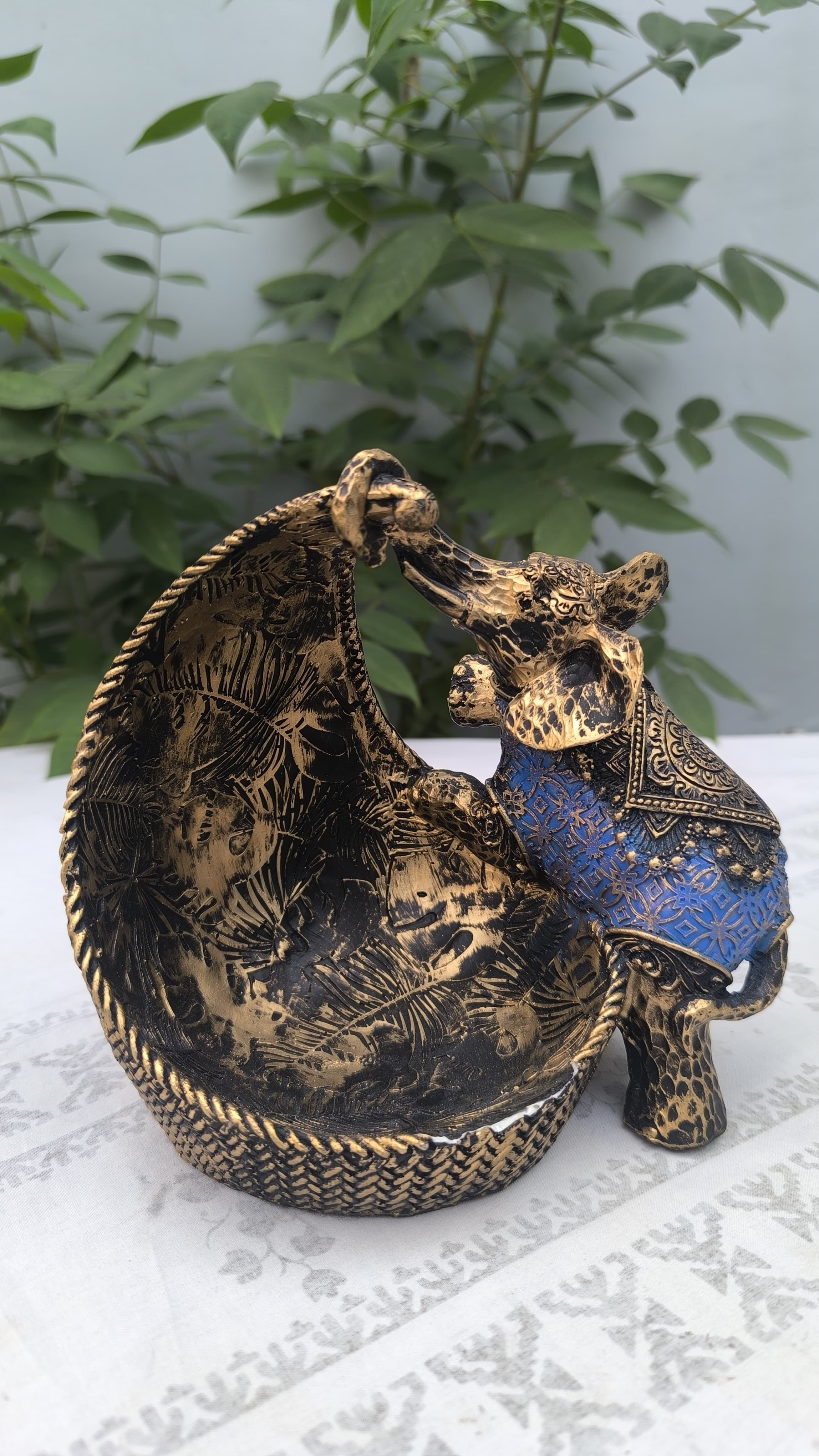 8 Inch Resin Elephant Bowl Showpiece Set of 3 | Home Decors, Table Centerpiece & Gift | Antique Finish Blue Elephant Figurine