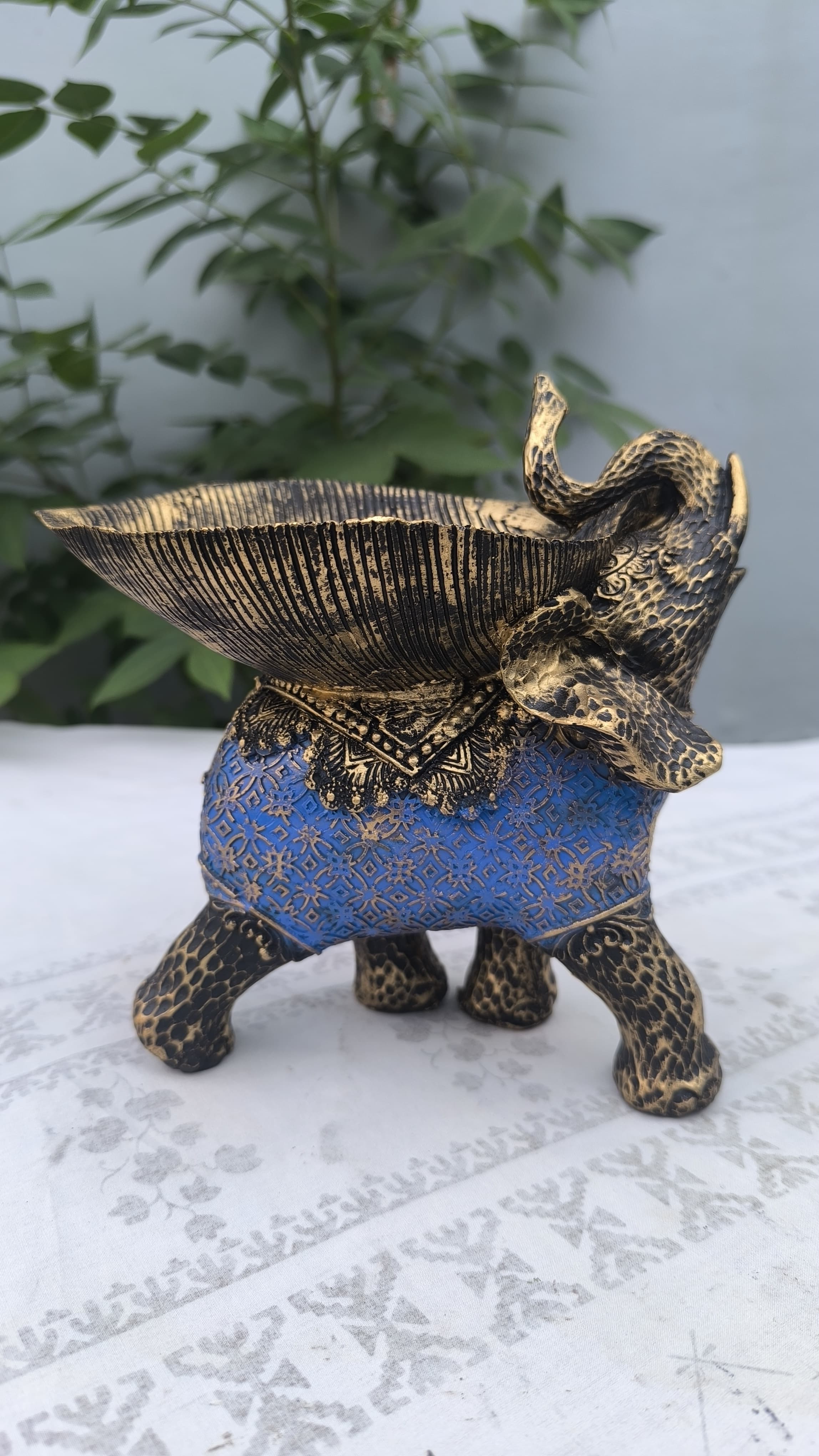 8 Inch Resin Elephant Bowl Showpiece Set of 3 | Home Decors, Table Centerpiece & Gift | Antique Finish Blue Elephant Figurine