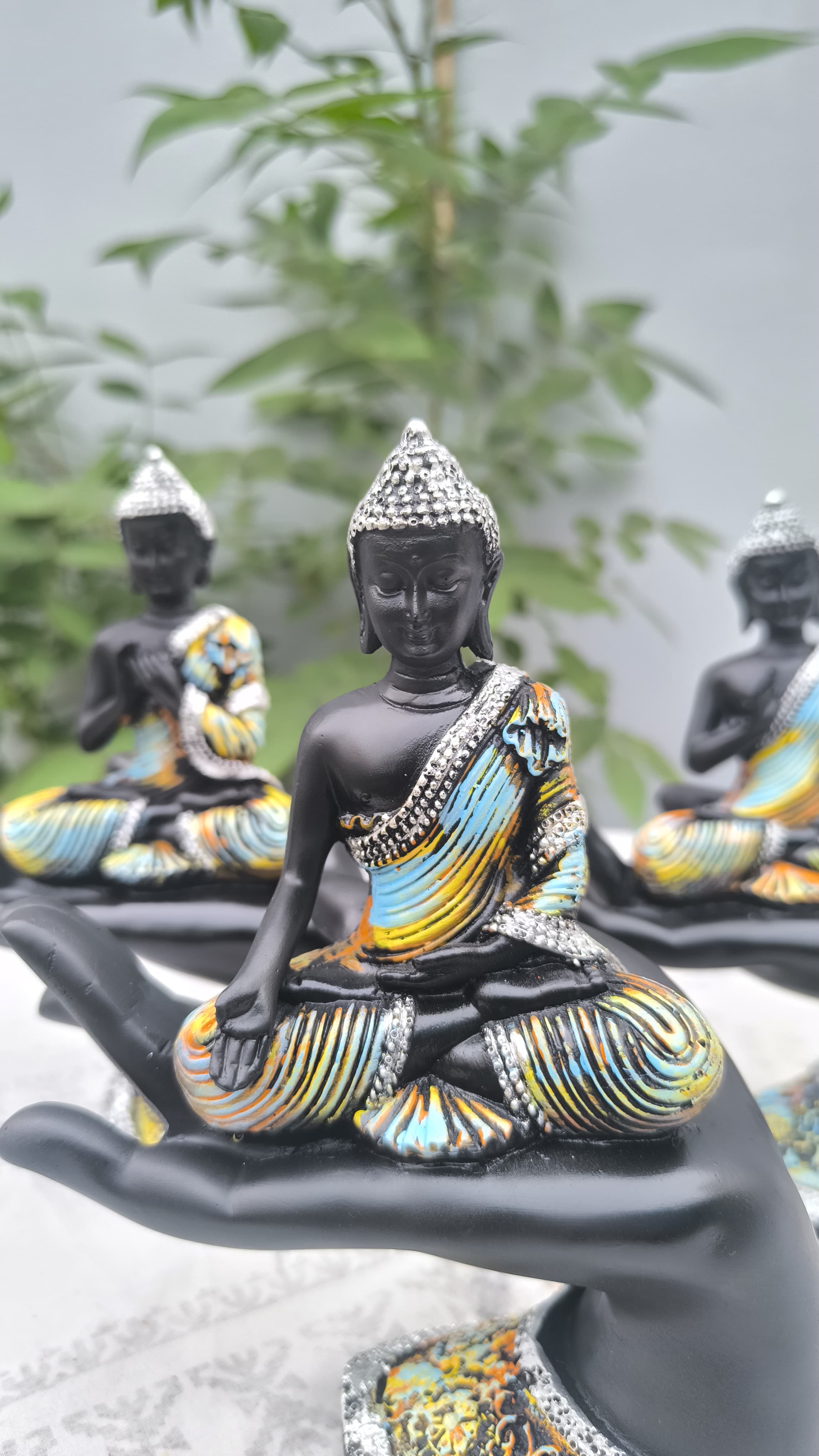 8 Inch Resin Buddha on Hand Showpiece Set of 3 | Buddha Statue for Home Decors, Office & Gift | Spiritual Decorative Figurine