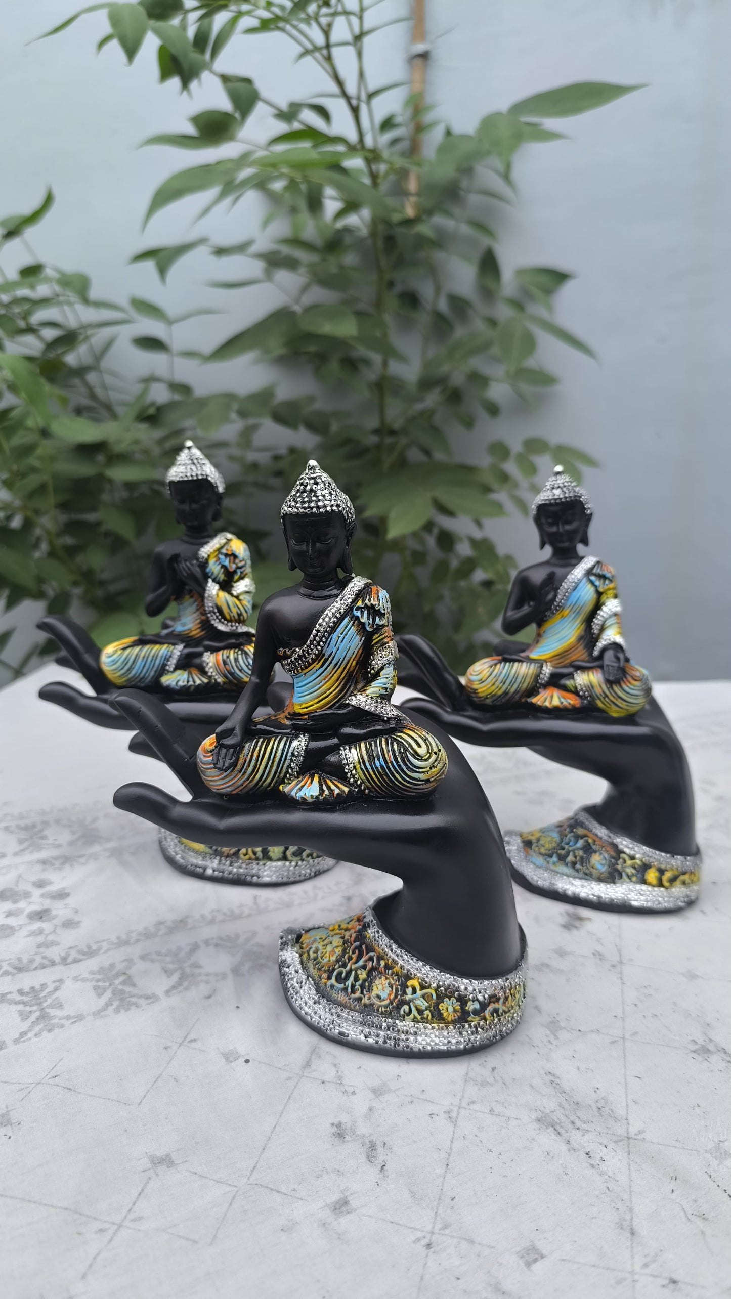 8 Inch Resin Buddha on Hand Showpiece Set of 3 | Meditating Buddha Statue for Home Decor, Office & Gift | Spiritual Decorative Figurine
