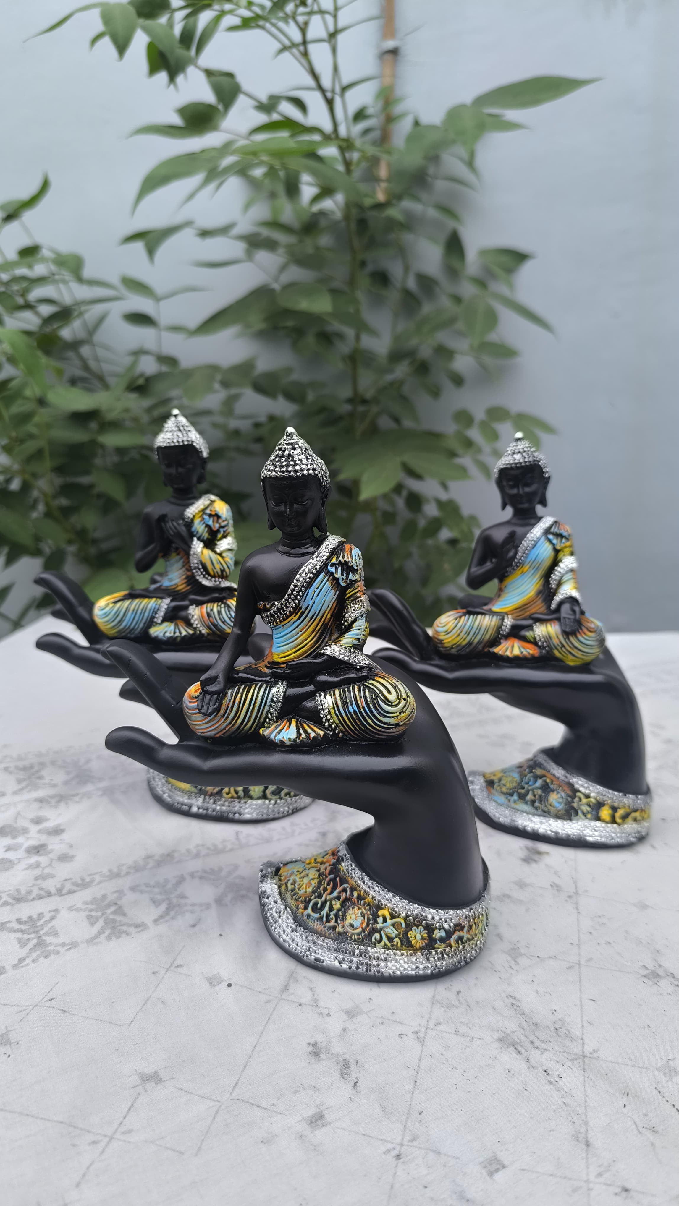 8 Inch Resin Buddha on Hand Showpiece Set of 3 | Buddha Statue for Home Decors, Office & Gift | Spiritual Decorative Figurine