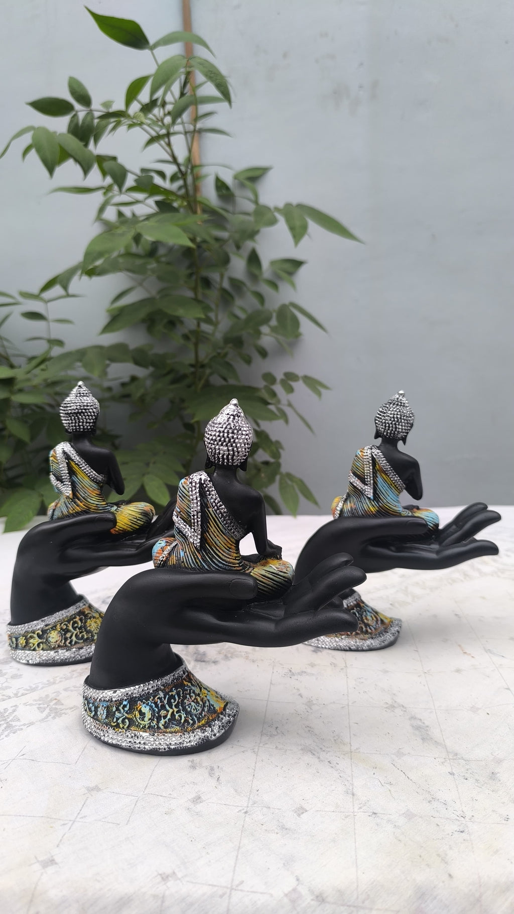 8 Inch Resin Buddha on Hand Showpiece Set of 3 | Buddha Statue for Home Decors, Office & Gift | Spiritual Decorative Figurine