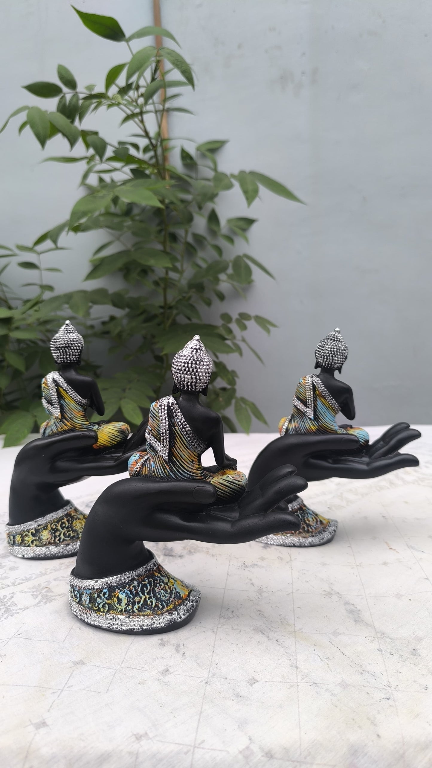 8 Inch Resin Buddha on Hand Showpiece Set of 3 | Meditating Buddha Statue for Home Decor, Office & Gift | Spiritual Decorative Figurine