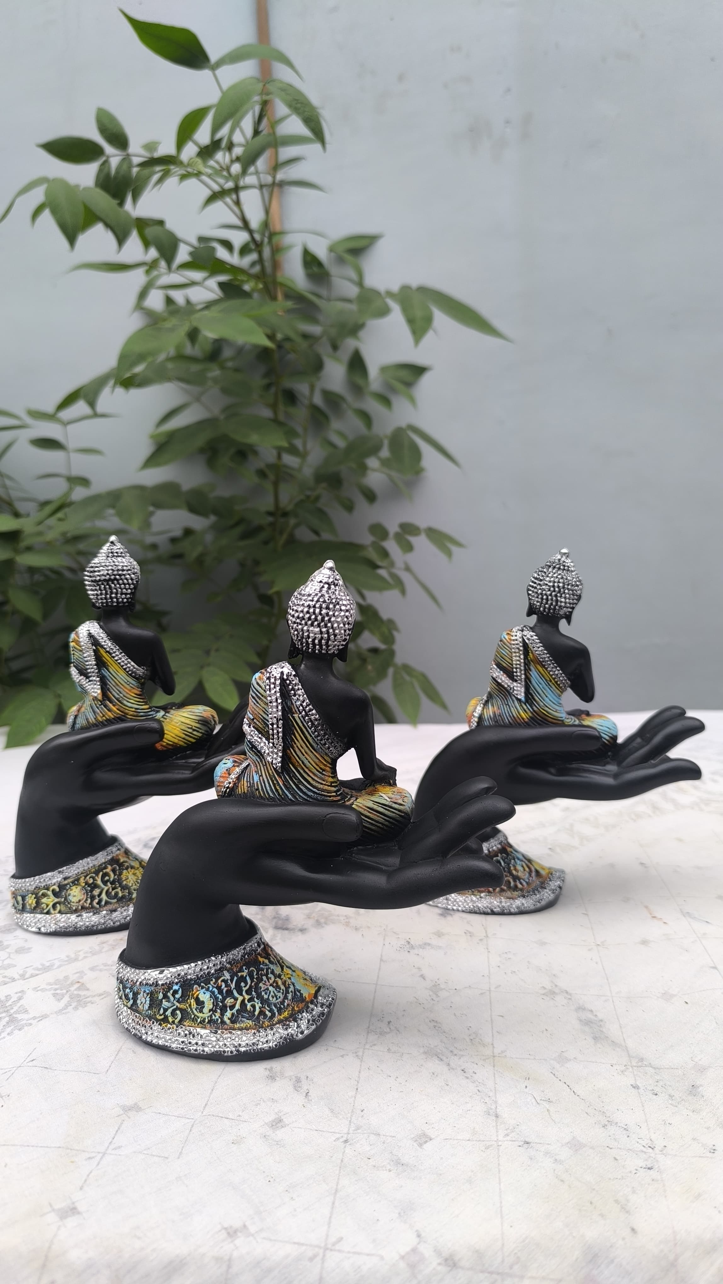 8 Inch Resin Buddha on Hand Showpiece Set of 3 | Buddha Statue for Home Decors, Office & Gift | Spiritual Decorative Figurine