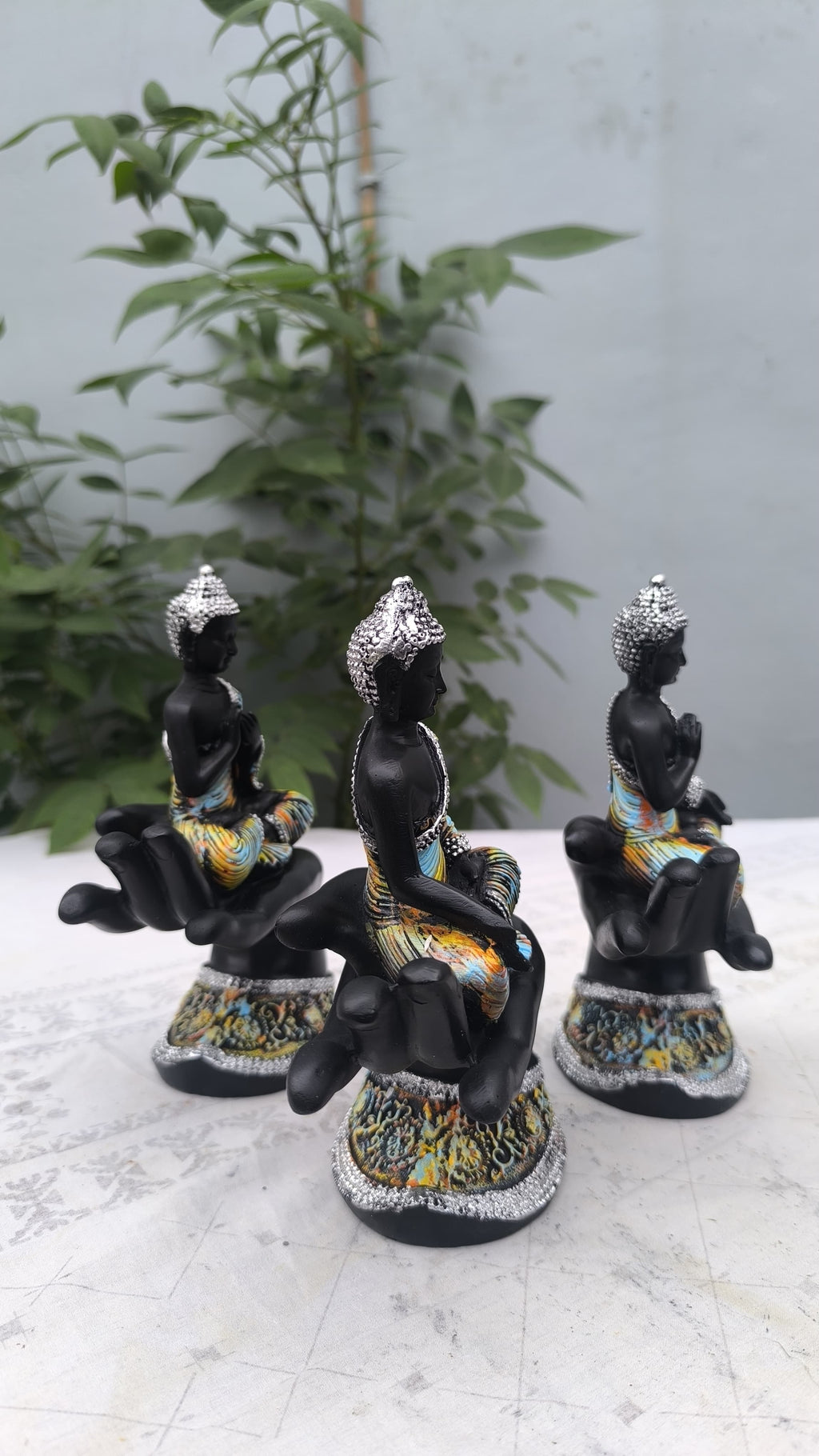 8 Inch Resin Buddha on Hand Showpiece Set of 3 | Buddha Statue for Home Decors, Office & Gift | Spiritual Decorative Figurine