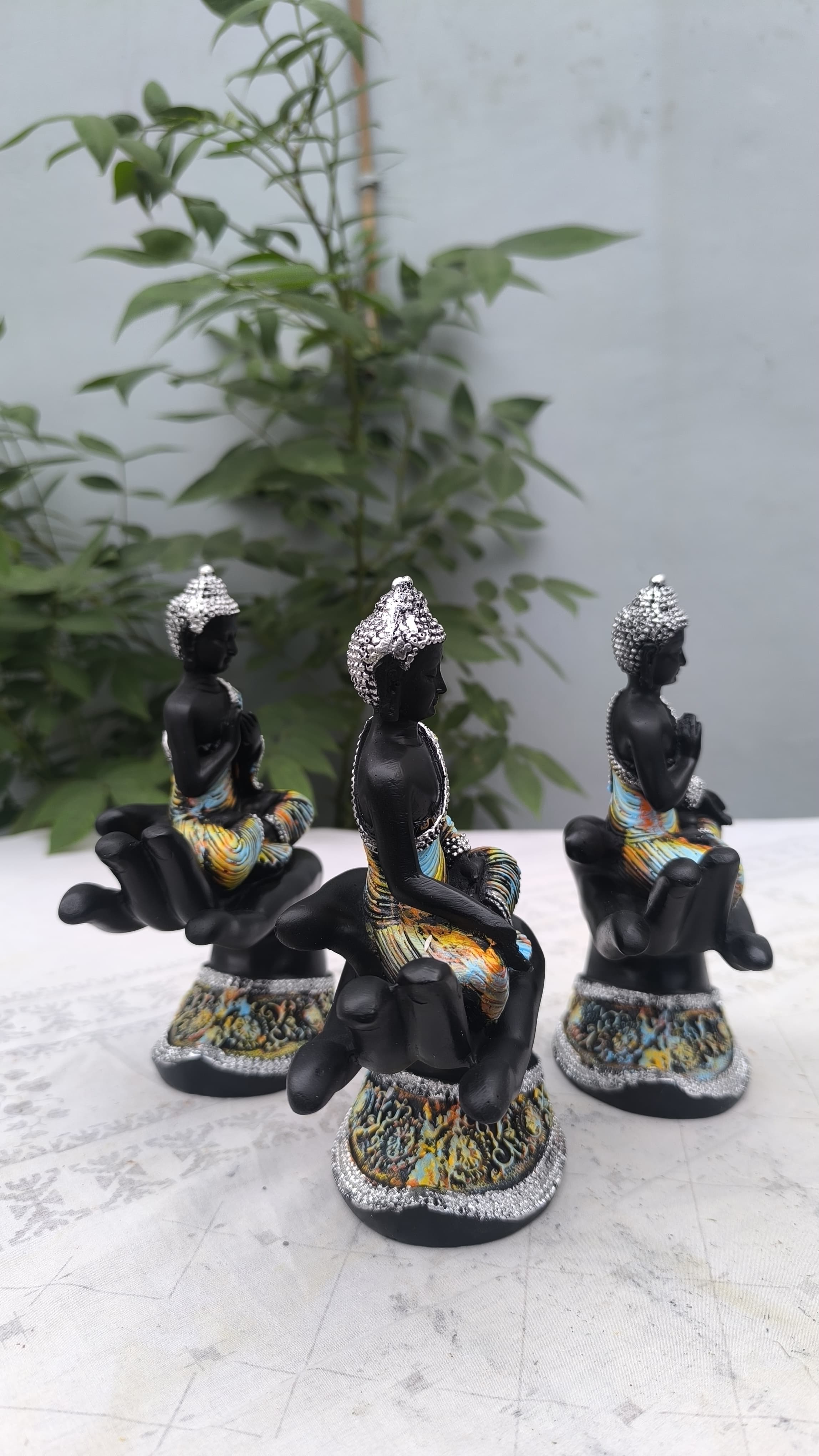 8 Inch Resin Buddha on Hand Showpiece Set of 3 | Buddha Statue for Home Decors, Office & Gift | Spiritual Decorative Figurine