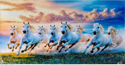 lucky Seven White Horses Running on Beach at Sunset Wall Art, Decorative Canvas Print seven runing hourse vastu seven hourse home & office decorative frame