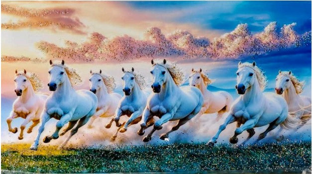 lucky Seven White Horses Running on Beach at Sunset Wall Art, Decorative Canvas Print seven runing hourse vastu seven hourse home & office decorative frame