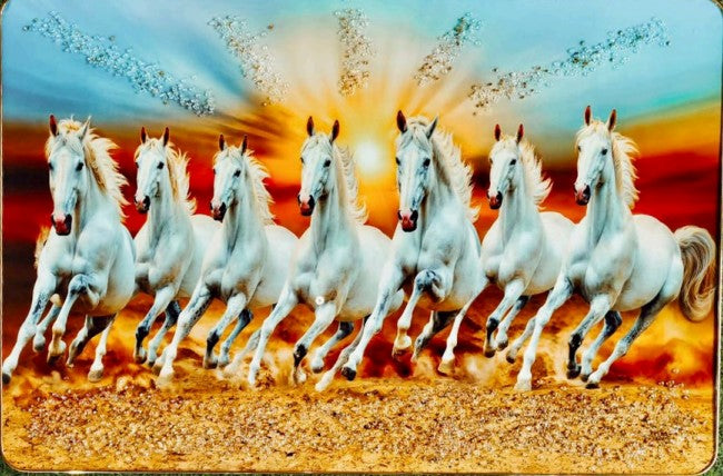 Beautiful 7 Running Horse Vastu Wall Painting with Special Effects Sparkle Lamination wood art framed wall Painting for home décor Synthetic Solid Wooden Frame