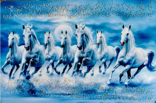 UV Matt Textured Lucky Seven Running Horses Vastu Digital Reprint Wall Painting with Frame for Living Room|Wall Decoration|Gift Items