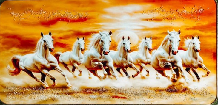 7 Running Horses Vastu Painting Blessing Lucky Photo Frame Modern Laminated coated artwork For Livingroom Office Decor Stylish Animal 12x24x1 inch Gift Item Synthetic Wood
