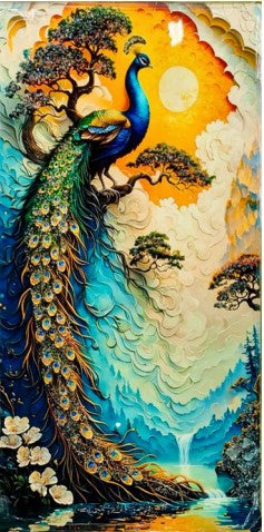 Royal Peacock Crystal Resin Painting – Epoxy Wall Art with Sunlit Detailing for Elegant Home Décor