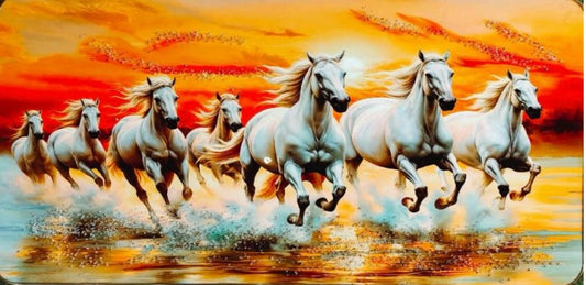 7 Running Horse Vastu Photo Framed White Horse Religious Animal Premium Painting Sunrise Artwork Yellow Theme For Office Home Office wall decor Synthetic Wood Modern Black Frame